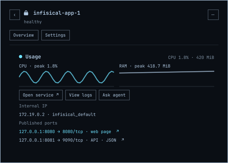 Container overview and internal IP with demo data