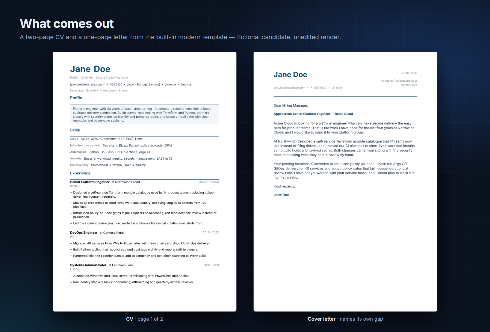 A sample CV and cover letter rendered by the modern template