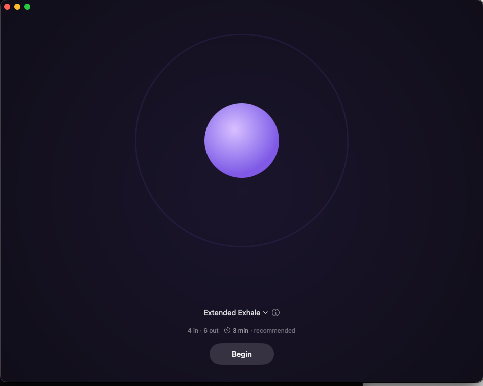 Mac Breathe focus window with an animated breathing orb