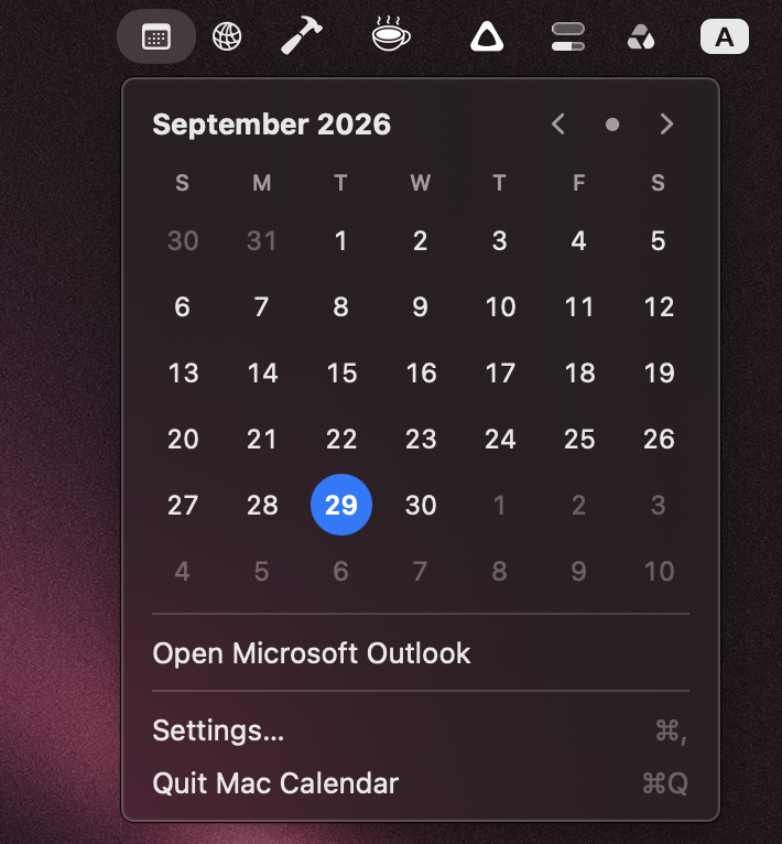 Mac Calendar panel: September 2026 month grid with today highlighted, Open Microsoft Outlook, Settings and Quit