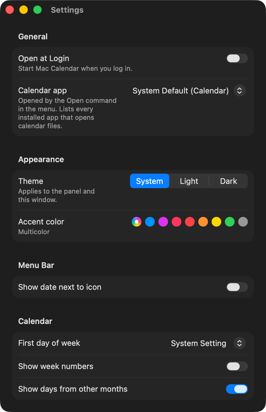 Mac Calendar Settings: Open at Login, Calendar app (Microsoft Outlook), Show date next to icon, First day of week, Show week numbers, Show days from other months