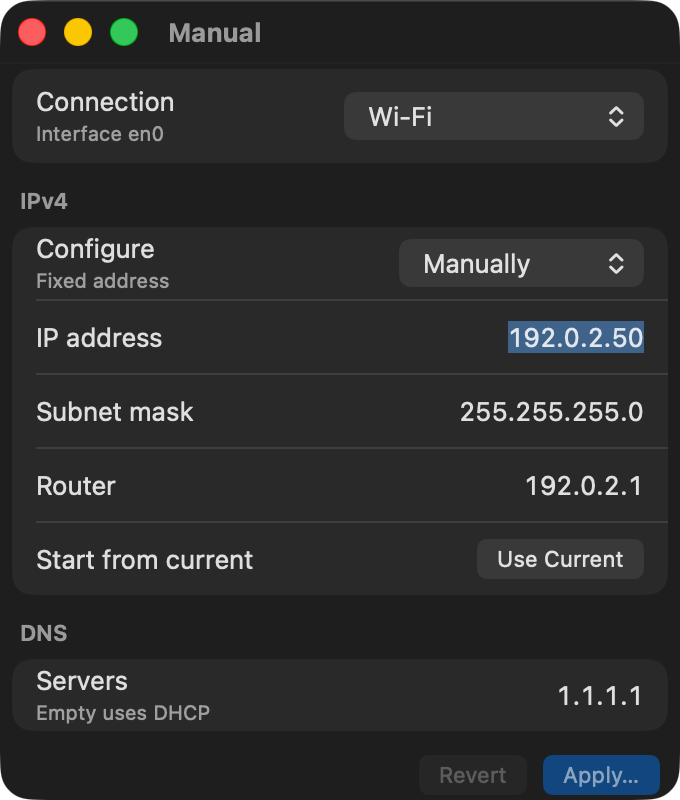MacNetwork preview render: IP Settings Tab: Manual