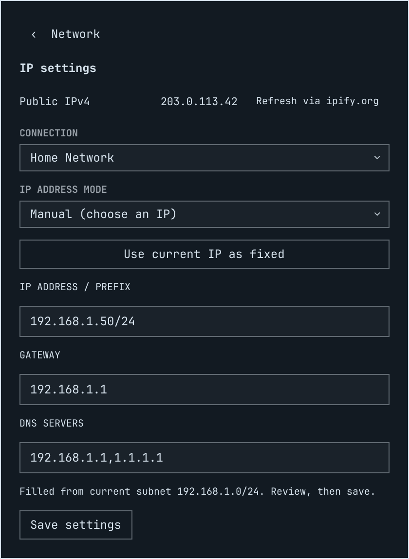 IP settings with a manual address filled from the current connection